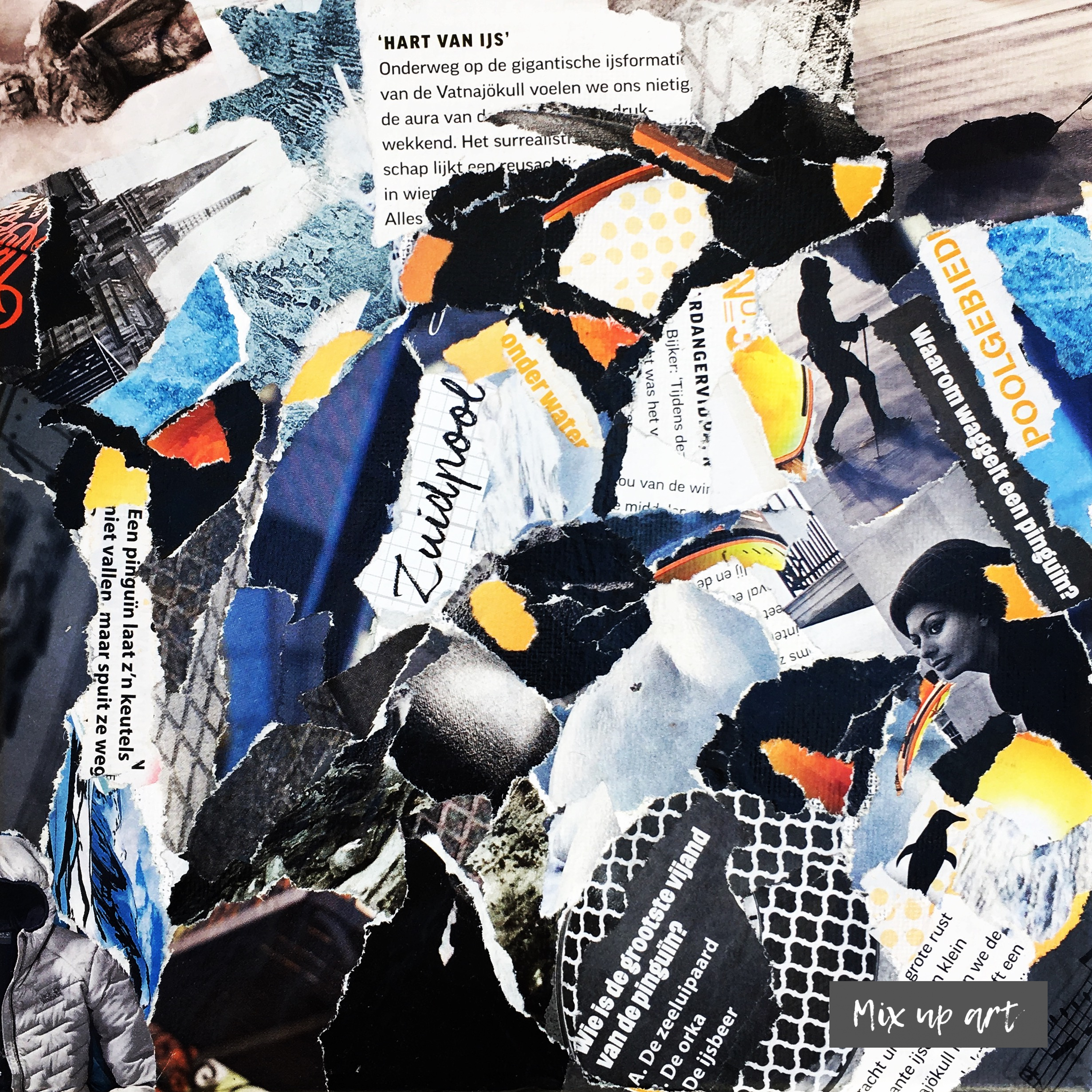 Pinguins Pinguïns - Verkocht - Collage op canvas 19 x 19