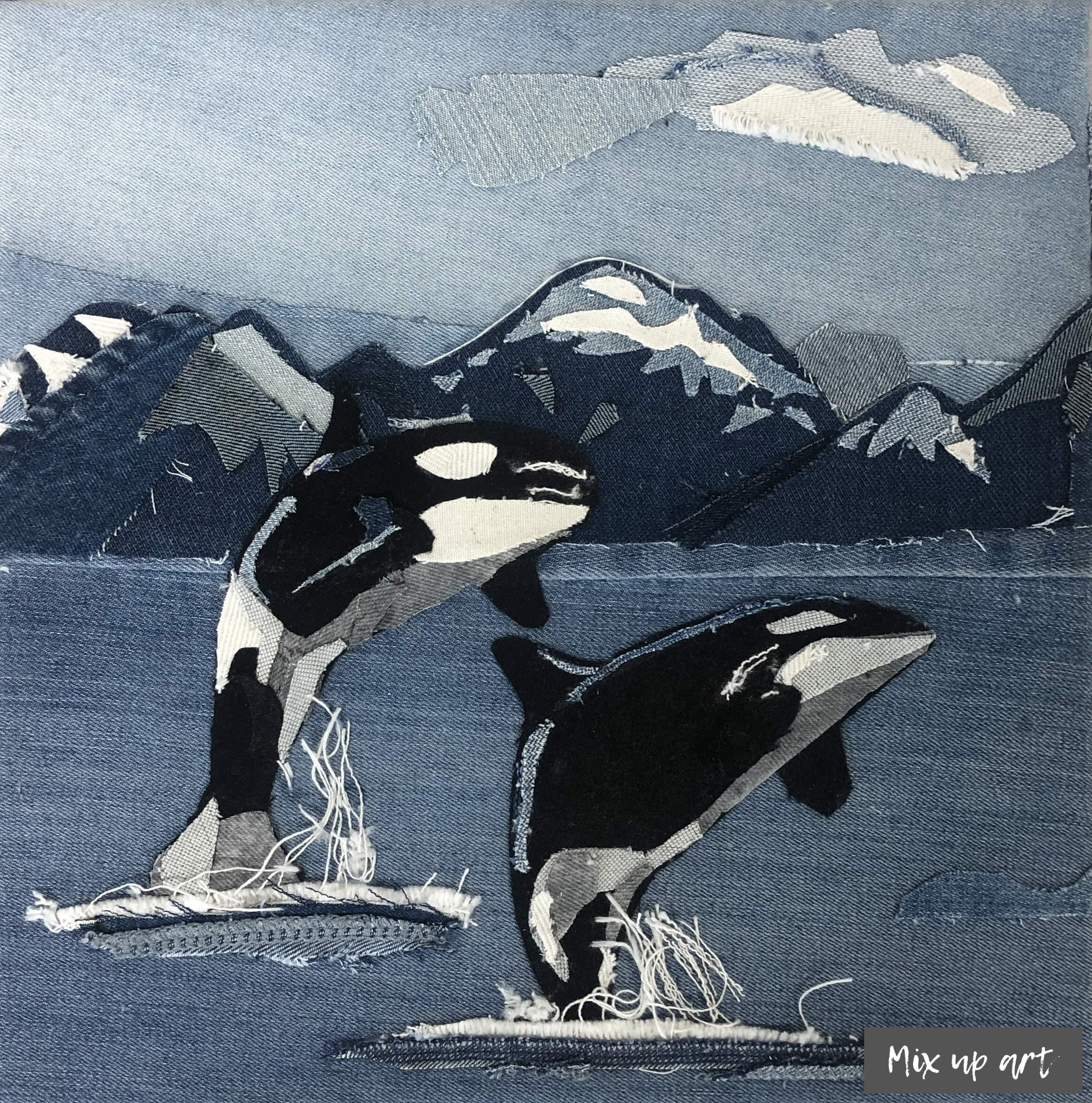 Orca’s Orca's - € 225,- Collage denim (30 x 30 x 4)